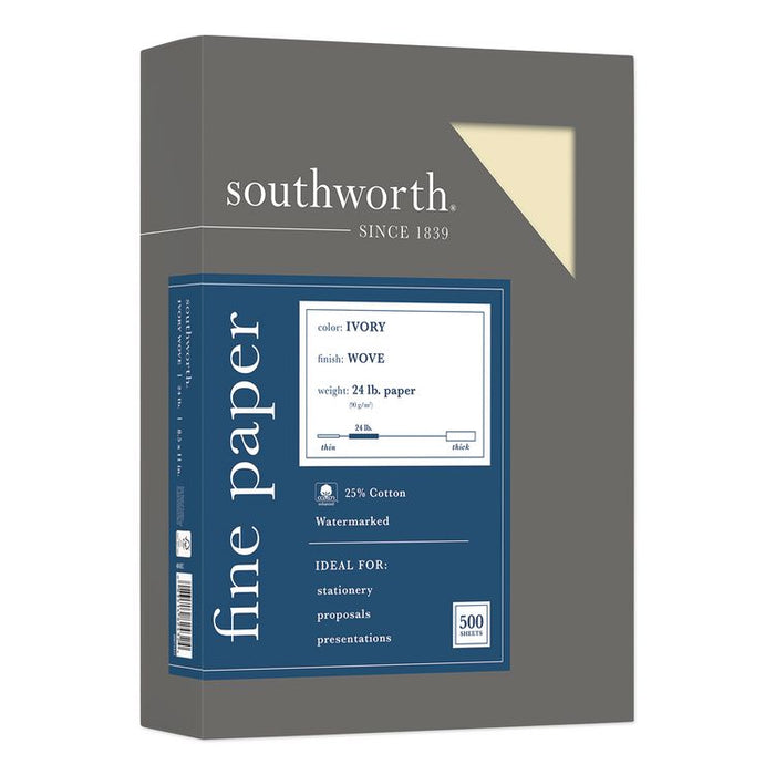 25% Cotton Business Paper, 95 Bright, 24 lb Bond Weight, 8.5 x 11, Ivory, 500 Sheets/Ream