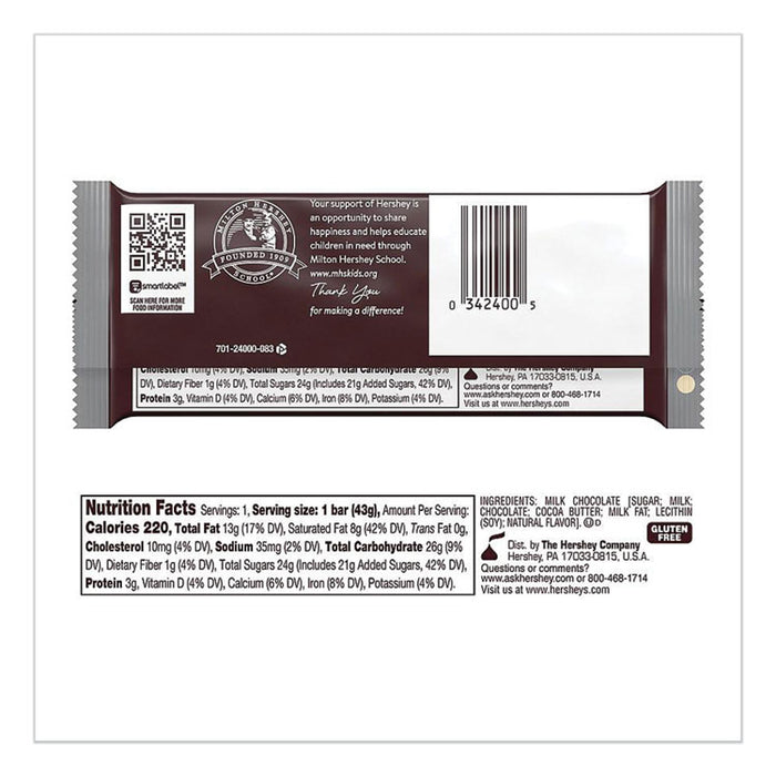 Chocolate Bars, Milk Chocolate, 55.8 oz, 36/Box