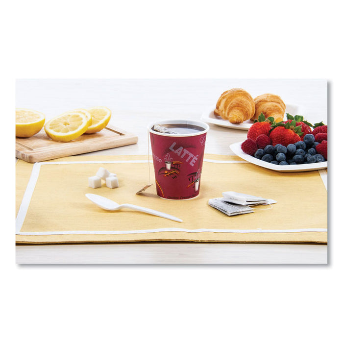Paper Hot Drink Cups in Bistro Design, 3.35" Diameter x 3.82" h, 10 oz, Maroon, 1,000/Carton