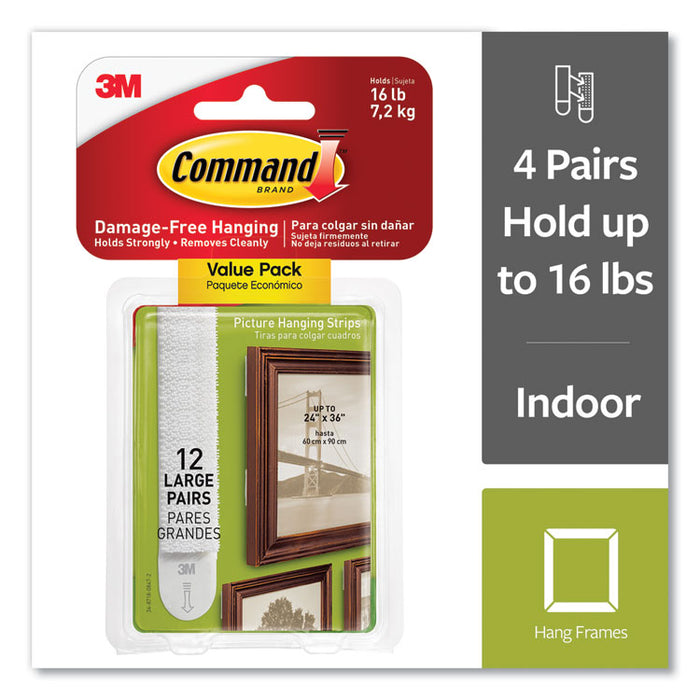 Damage-Free Hanging Picture Hanging Strip Pairs, Holds Up to 3.75 lb, Large: 0.75" x 3.65", White, 12/Pack