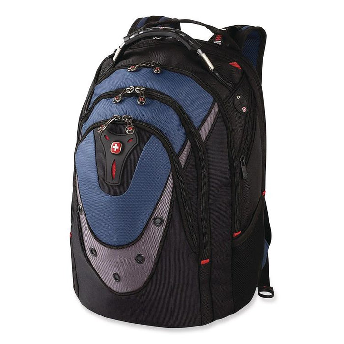 Ibex Laptop Backpack, Fits Devices Up to 17", Ballistic Polyester, 14.6 x 11 x 18.5, Black/Blue/Gray