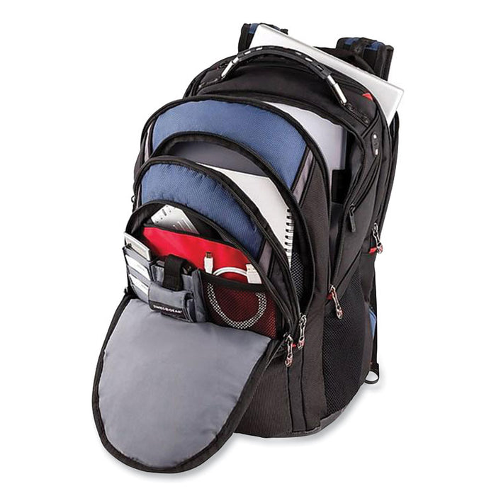 Ibex Laptop Backpack, Fits Devices Up to 17", Ballistic Polyester, 14.6 x 11 x 18.5, Black/Blue/Gray