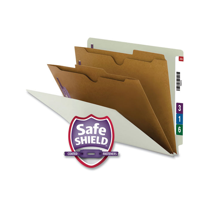 Extra-Heavy End Tab Classification Folders, Expands 2", 2 Dividers, 6 SafeSHIELD Fasteners, Letter Size, Gray-Green, 10/Box
