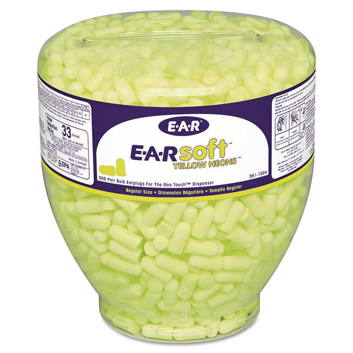 E-A-Rsoft Yellow Neon Earplug Refill for One Touch Dispensers, 33 dB NRR, Neon Yellow Bullet Plugs, 500 Pairs