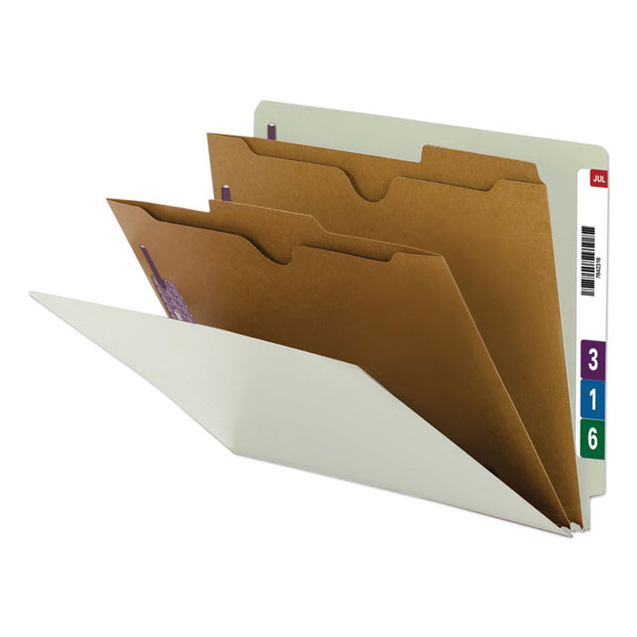 Extra-Heavy End Tab Classification Folders, Expands 2", 2 Dividers, 6 SafeSHIELD Fasteners, Letter Size, Gray-Green, 10/Box