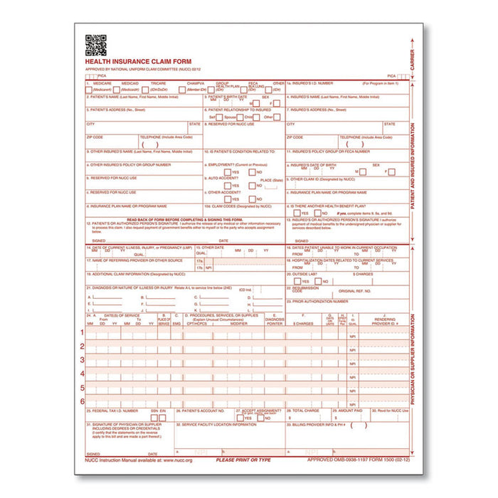 CMS Health Insurance Claim Form, One-Part (No Copies), 8.5 x 11, 100 Forms Total
