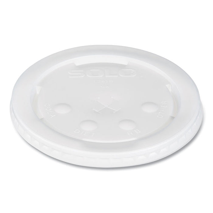 Polystyrene Plastic Flat Straw-Slot Cold Cup Lids, Identification Buttons, Fits 28 oz Cold Cups, Translucent, 960/Carton