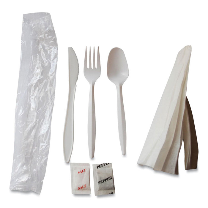 Mediumweight Cutlery Kit, Fork/Knife/Napkin/Pepper/Salt/Spoon, Plastic, White, 250/Carton