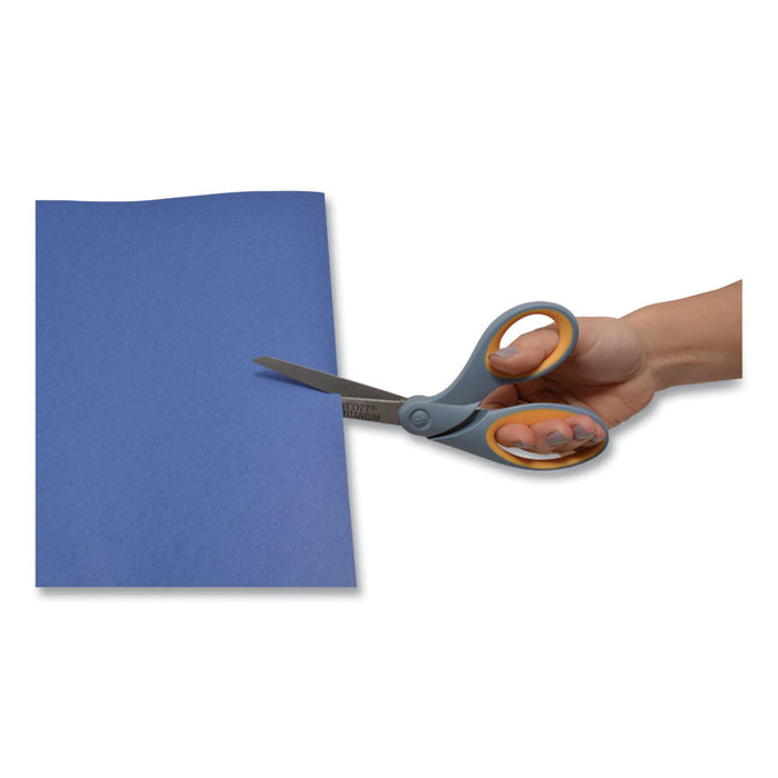 Titanium Bonded Scissors, 8" Long, 3.5" Cut Length, Crane-Style Gray/Yellow Handle
