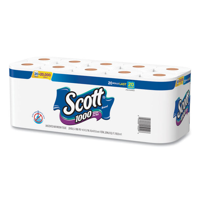 1000 Bathroom Tissue, Septic Safe, 1-Ply, White, 1,000 Sheets/Roll, 20 Rolls/Pack, 2 Packs/Carton