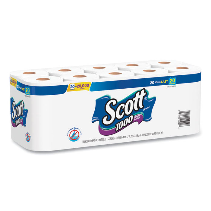 1000 Bathroom Tissue, Septic Safe, 1-Ply, White, 1,000 Sheets/Roll, 20 Rolls/Pack, 2 Packs/Carton