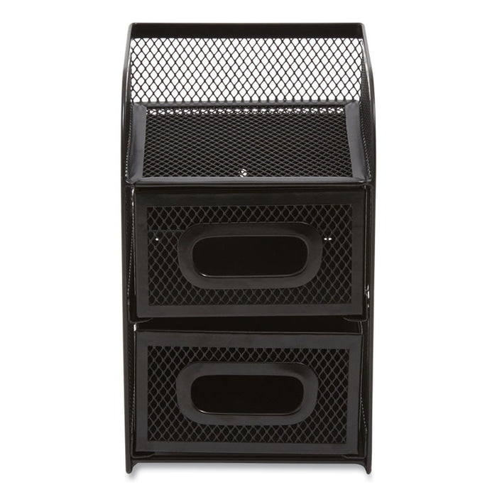 Three Compartment Wire Mesh Accessory Holder, 2 Drawers, 4.56 x 4.72 x 7.2, Black