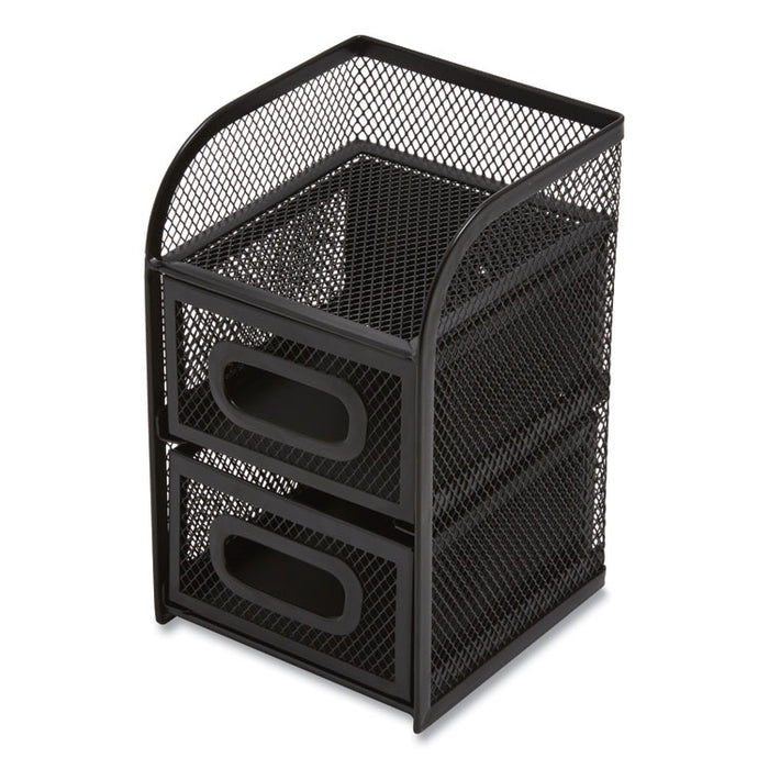 Three Compartment Wire Mesh Accessory Holder, 2 Drawers, 4.56 x 4.72 x 7.2, Black