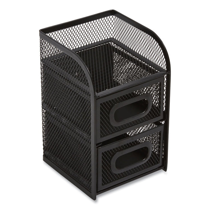 Three Compartment Wire Mesh Accessory Holder, 2 Drawers, 4.56 x 4.72 x 7.2, Black