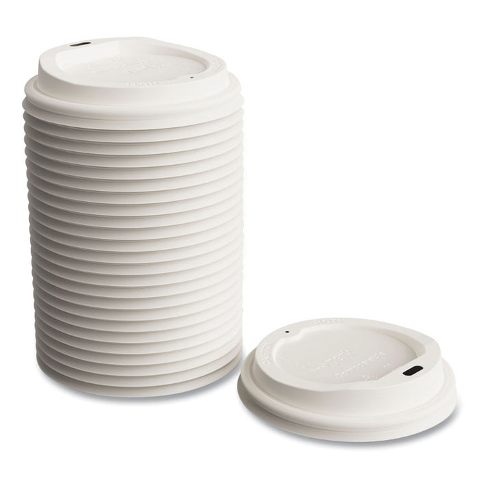 Compostable Plastic Hot Cup Lids, Fits 10 oz/12 oz/16 oz Hot Cups, White, 50/Pack