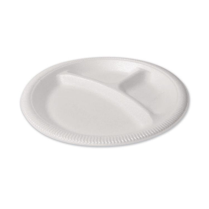 Foam Dinnerware, 3-Compartment Plate, 9" dia, White, 125/Sleeve, 4 Sleeves/Pack