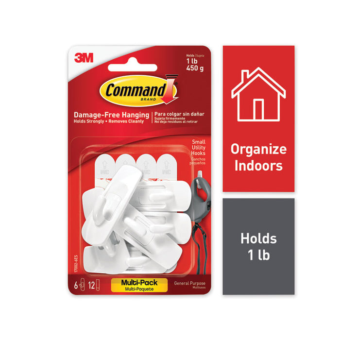 Small Utility Hooks, Plastic, White, Supports 1 lb, 6/Pack