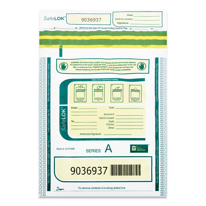 Deposit Bag, Plastic, 9" x 12", White/Green/Yellow, 100/Pack