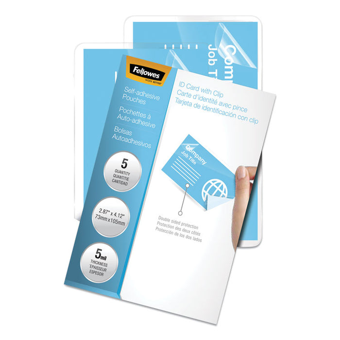 Self-Adhesive Laminating Pouches, 5 mil, 3.88" x 2.38", Gloss Clear, 5/Pack