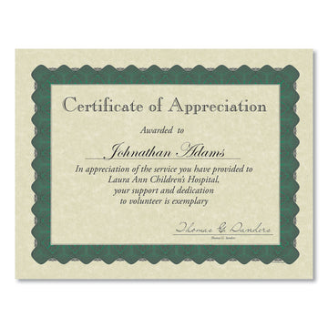 Metallic Border Certificates, 11 x 8.5, Ivory/Green with Green Border, 100/Pack