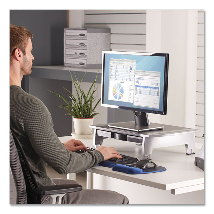 Office Suites Standard Monitor Riser, For 21" Monitors, 19.78" x 14.06" x 4" to 6.5", Black/Silver, Supports 80 lbs