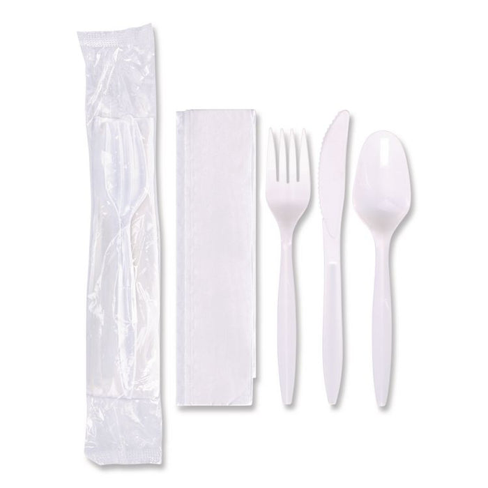 Economy Cutlery Kit, Fork/Knife/Napkin/Spoon, Plastic, White, 250/Carton