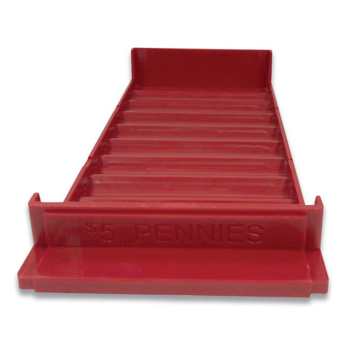 Stackable Plastic Coin Tray, Accommodates $5 in Pennies, 3.75" x 11.5" x 1.5", Red