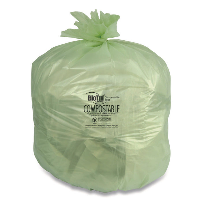 Biotuf Compostable Can Liners, 48 gal, 1 mil, 42" x 48", Green, 20 Bags/Roll, 5 Rolls/Carton