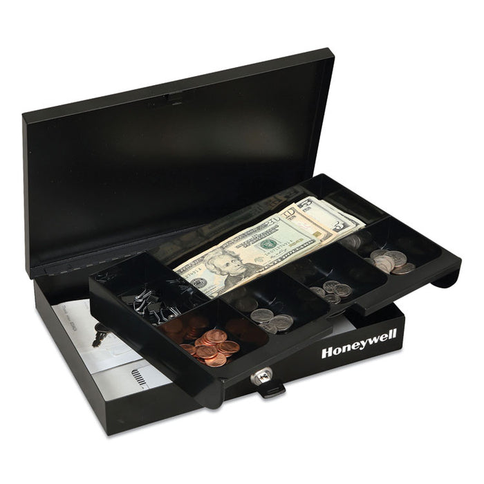 Low Profile Cash Box, 6 Compartments, Key Lock, 11.6" x 8" x 1.9", Black