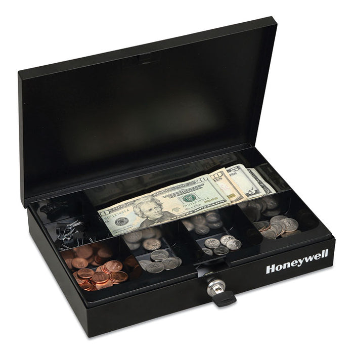 Low Profile Cash Box, 6 Compartments, Key Lock, 11.6" x 8" x 1.9", Black