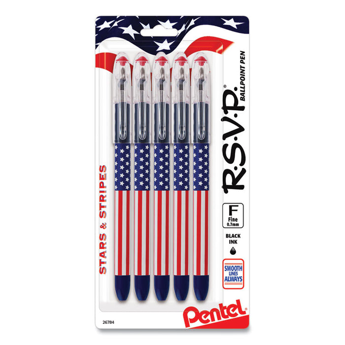 R.S.V.P. Stars and Stripes Ballpoint Pen, Stick, Fine 0.7 mm, Black Ink, Red/White/Blue Barrel, 5/Pack