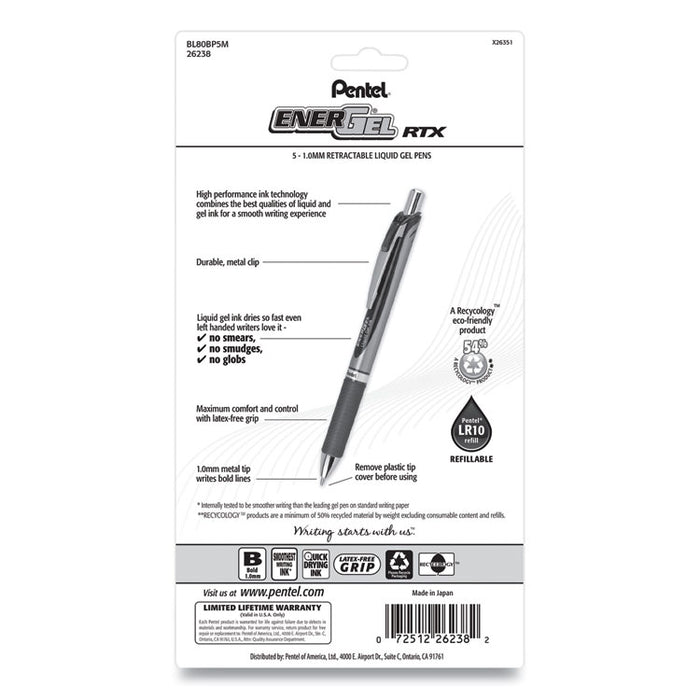 EnerGel RTX Gel Pen, Retractable, Bold 1 mm, Assorted Ink and Barrel Colors, 5/Pack