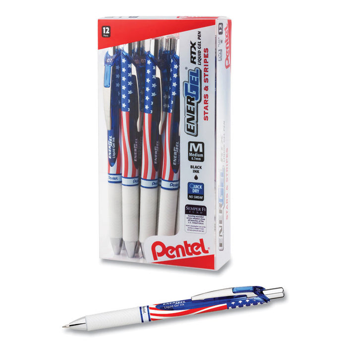 EnerGel RTX Stars and Stripes Gel Pen, Retractable, Medium 0.7 mm, Black Ink, Red/White/Blue Barrel, Dozen