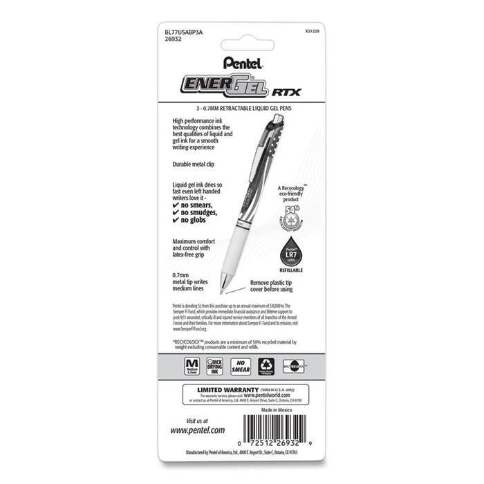 EnerGel RTX Stars and Stripes Gel Pen, Retractable, Medium 0.7 mm, Black Ink, Red/White/Blue Barrel, 3/Pack