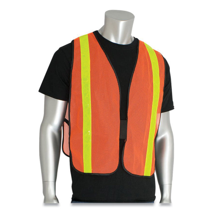 Hook and Loop Safety Vest, Polyester Mesh, One Size Fits Most, Hi-Viz Orange with Yellow Prismatic Tape