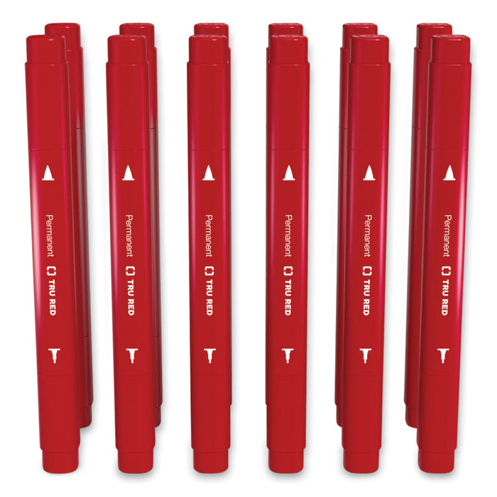 Permanent Marker, Pen-Style Twin-Tip, Extra-Fine/Fine Bullet/Needle Tips, Red, Dozen
