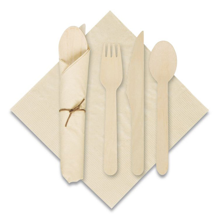 Pre-Rolled Caterwrap Kraft Napkins with Wood Cutlery, Fork/Knife/Napkin/Spoon, Plastic, Brown, 100/Carton
