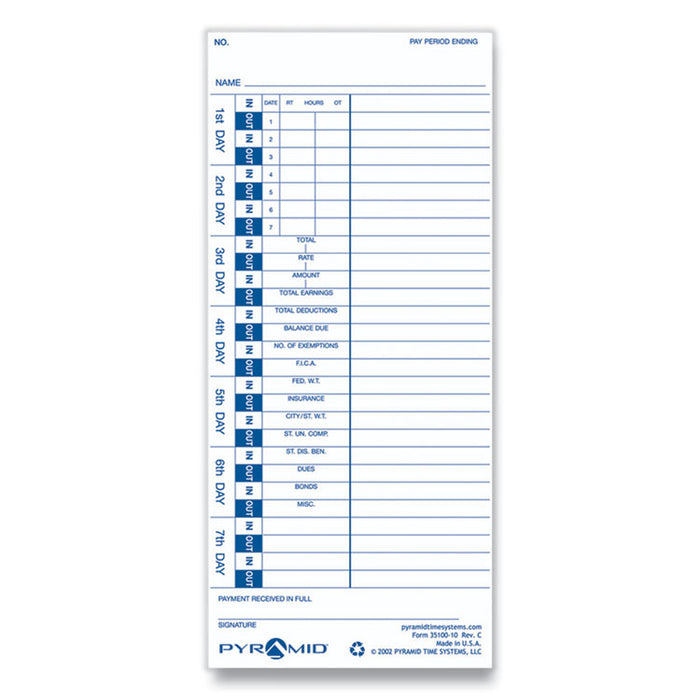 Time Clock Cards for Pyramid Technologies 3000, One Side, 4 x 9, 100/Pack