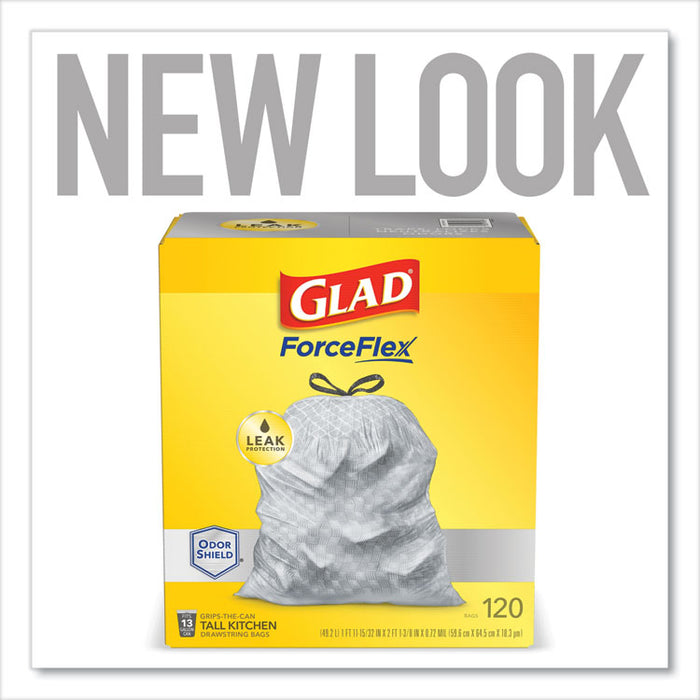 ForceFlex Kitchen Drawstring Trash Bags, 13 gal, 23.75" x 25.4", White, 120/Box