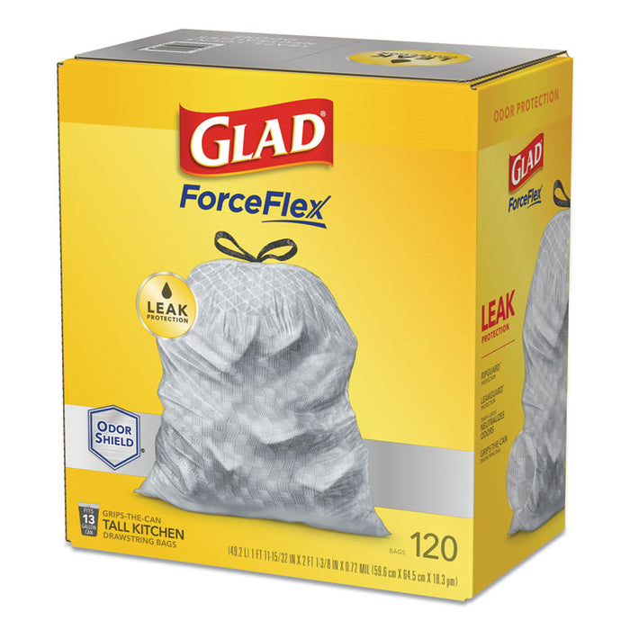 ForceFlex Kitchen Drawstring Trash Bags, 13 gal, 23.75" x 25.4", White, 120/Box