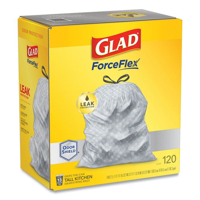 ForceFlex Kitchen Drawstring Trash Bags, 13 gal, 23.75" x 25.4", White, 120/Box