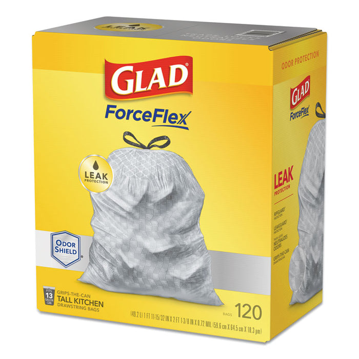 ForceFlex Kitchen Drawstring Trash Bags, 13 gal, 23.75" x 25.4", White, 120/Box