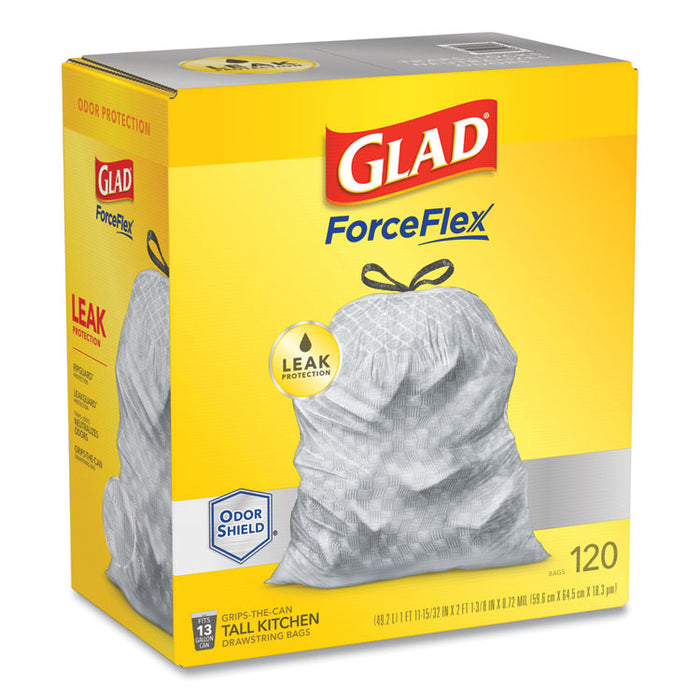 ForceFlex Kitchen Drawstring Trash Bags, 13 gal, 23.75" x 25.4", White, 120/Box