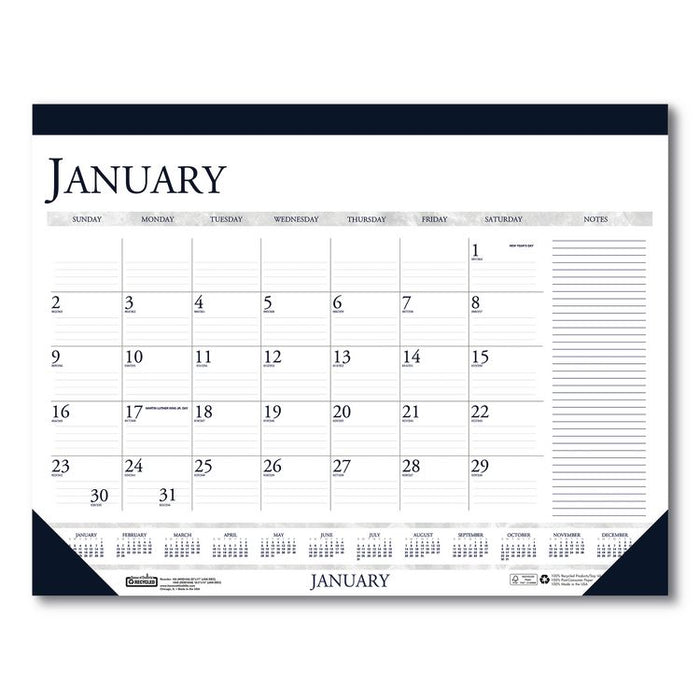 Recycled Two-Color Monthly Desk Pad Calendar with Notes Section, 22 x 17, Blue Binding/Corners, 12-Month (Jan-Dec): 2026