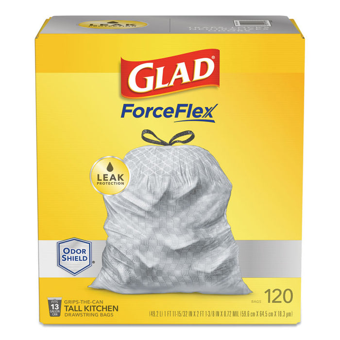 ForceFlex Kitchen Drawstring Trash Bags, 13 gal, 23.75" x 25.4", White, 120/Box