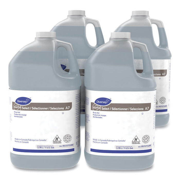 Suma Select A7 Rinse Aid, Warewashing, Unscented, 1 gal Bottle, 4/Carton