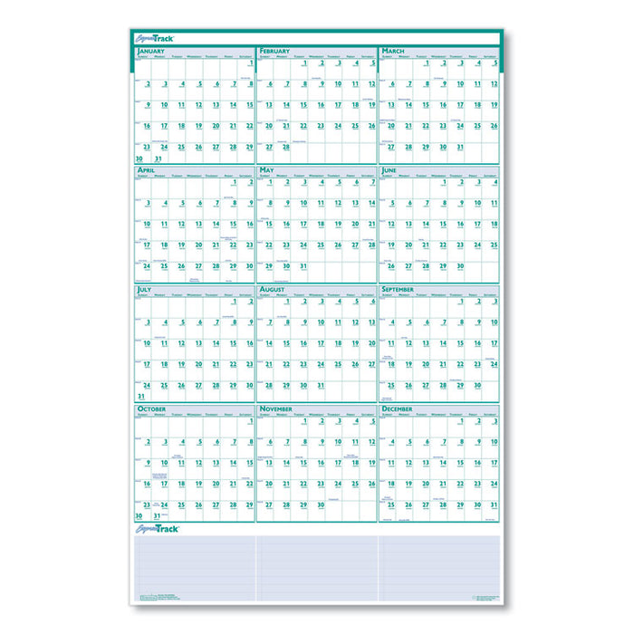 Express Track Recycled Reversible/Erasable Yearly Wall Calendar, 24 x 37, White/Teal Sheets, 12-Month (Jan to Dec): 2026