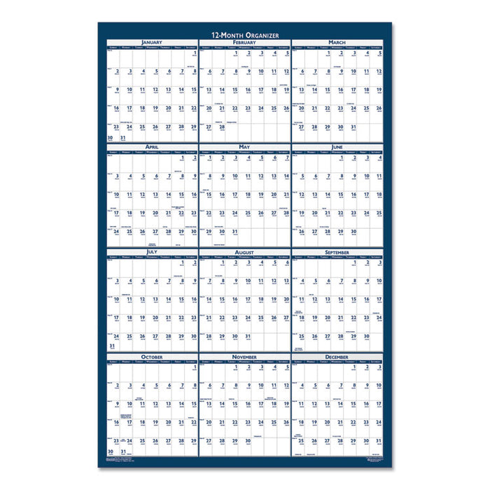 Recycled Poster Style Reversible/Erasable Yearly Wall Calendar, 24 x 37, White/Blue/Gray Sheets, 12-Month (Jan to Dec): 2026