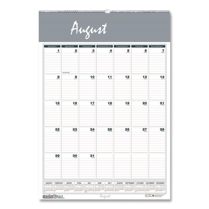 Academic Year Bar Harbor Recycled Wirebound Monthly Wall Calendar, 15.5 x 22, White/Blue Sheets, 12-Month(Aug-July):2025-2026