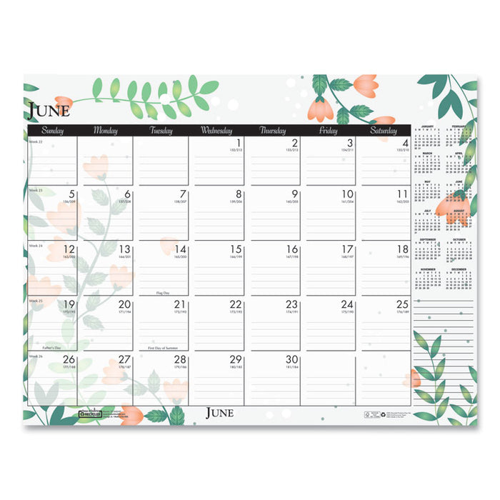Recycled Desk Pad Calendar, Wild Flowers Artwork, 18.5 x 13, White Sheets, Black Binding/Corners,12-Month (Jan-Dec): 2026